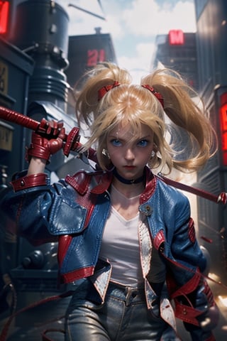 1 girl, blonde hair, two pigtails, blue eyes,(red leather jacket:1.4), (white t-shirt:1.4), (blue jeans:1.4), solo,katana in hand, (medium_shot:1.4),(masterpiece:1.4(bestquality:1.4),extremely_beautiful_detailed_anime_face_and_eyes,an extremely delicate and beautiful,photorealistic
