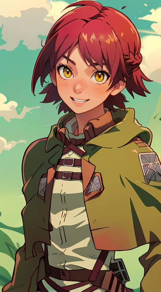 (1 girl), (short pink hair:1.2), (yellow eyes:1.2), black leather boots, black leather gloves, smiling,braids,make up, (green scouts cloak:1.2), (standing), (upper body in frame), simple background, forest, white cloudy sky, dawn, only1 image, perfect anatomy, perfect proportions, perfect perspective, 8k, HQ, ((AttackonTitan, survey military uniform)),style,aot style