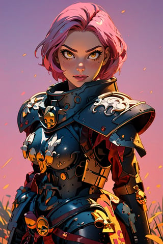 ((Masterpiece, best quality,)),1girl,edgAdepta, looking at viewer, lips, (short hair), (pink hair),(yellow eyes),wind background ,wearing edgAdepta,power armor,shoulder armor,skull emblem,EDGADEPTA,anime,1 girl,style,40kanime,Eda Clawthorne