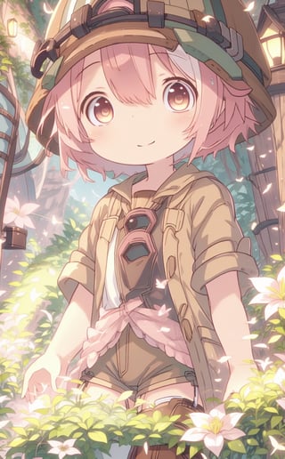 ultra-detailed, illustration, cinematic composition, abyss style, grass, white flower, moss,MadeintheAbyss, 1girl, (short pink hair:1.4), brown coat, short sleeves, brown overcoat, (brown shorts:1.4),(explorer helmet:1),(explorer boots:1.4),(yellow eyes:1.4), looking at viewer, solo, (upper body:1.4),(masterpiece:1.4),(best quality:1.4),red lips,parted lips,smile, walking in the deep forest,firefliesfireflies,portrait,illustration,best quality,BrgEy