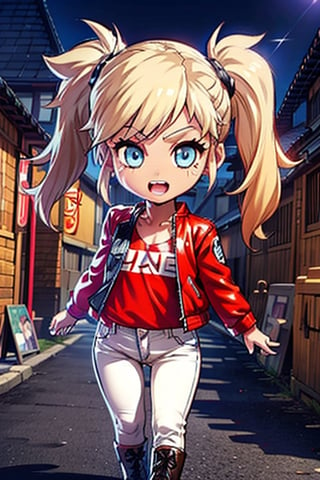 1 girl, blonde hair, two pigtails, blue eyes,red leather jacket, white t-shirt, jeans, black boots, solo, (medium_shot:1.4),(masterpiece:1.4(bestquality:1.4),extremely_beautiful_detailed_anime_face_and_eyes,an extremely delicate and beautiful,super_deformed,nas,ninja,3D