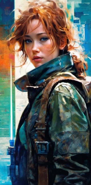 mdjrny-v4 style. Oil painting, heavy strokes, paint dripping. ((Jennifer Lawrence:1)), ((25 years old:1.4)).redhead, green eyes, ((brown leather jacket:1.4)),backpack on his back:1.4, ((armed with a knife:1.4)),((survivor, warrior, leader)), ((walking dead tv style:1.4)),Jeremy Mann, Carne Griffiths, Robert oxley. Rich deep colors. Cell Shaded layered image. Beautiful face, Perfect anatomy, perfect eyes, detailed eyes, golden ratio, award-winning, professional, highly detailed, centered, symmetry, painted, intricate, volumetric lighting, beautiful, masterpiece, sharp focus, depth of field, perfect composition, award-winning, high resolution 8K, trending in pixiv, artstation,  , acrylic painting, trending on pixiv fanbox, palette knife and brush strokes, style of makoto shinkai jamie wyeth james gilleard edward hopper greg rutkowski studio ghibli genshin impact