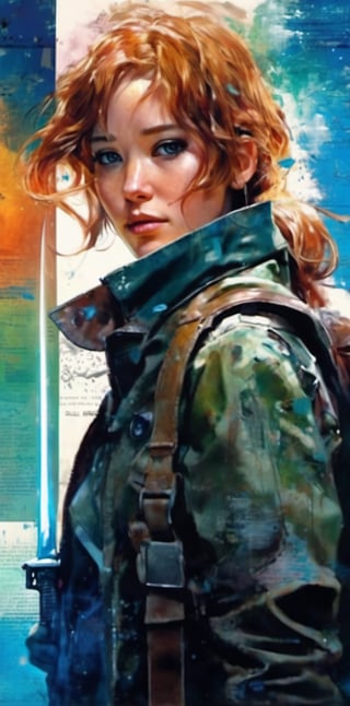 mdjrny-v4 style. Oil painting, heavy strokes, paint dripping. ((Jennifer Lawrence:1)), ((25 years old:1.4)).redhead, green eyes, ((brown leather jacket:1.4)),backpack on his back:1.4, ((armed with a knife:1.4)),((survivor, warrior, leader)), ((walking dead tv style:1.4)),Jeremy Mann, Carne Griffiths, Robert oxley. Rich deep colors. Cell Shaded layered image. Beautiful face, Perfect anatomy, perfect eyes, detailed eyes, golden ratio, award-winning, professional, highly detailed, centered, symmetry, painted, intricate, volumetric lighting, beautiful, masterpiece, sharp focus, depth of field, perfect composition, award-winning, high resolution 8K, trending in pixiv, artstation,  , acrylic painting, trending on pixiv fanbox, palette knife and brush strokes, style of makoto shinkai jamie wyeth james gilleard edward hopper greg rutkowski studio ghibli genshin impact