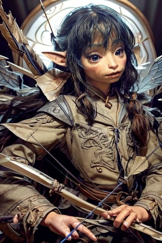 ((Female )),(real),(masterpiece:1.4), (best qualit:1.4), (high resolution:1.4),young, cowboy shot,archer gelfling, archer, fairy wings,quiver with arrows, arrow in hand,dramatic shadows, dynamic angle, cinematic camera, dynamic pose, dramatic angle, depth of field,  chromatic aberration, interior,,dynamic pose, adventure,photorealistic,analog,realism,gelfling