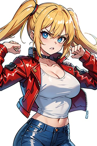 1 girl, blonde hair, two pigtails, blue eyes,red leather jacket, white t-shirt, jeans, black boots, solo, upper body,(masterpiece:1.4(bestquality:1.4),,extremely_beautiful_detailed_anime_face_and_eyes,an extremely delicate and beautiful, pose,Watercolor, Ink, epic, angry, simple background, white_background, pose visual novel,