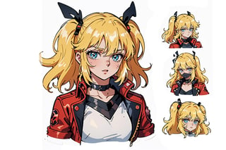 1 girl, blonde hair, two pigtails, blue eyes,red leather jacket, white t-shirt, jeans, black boots, solo, (medium_shot:1.4),(masterpiece:1.4(bestquality:1.4),(extremely_beautiful_detailed_anime_face_and_eyes:1.4),an extremely delicate and beautiful,Watercolor, Ink, epic,multiple views, full body, upper body, reference sheet:1,CharacterSheet, white background, different expresions,