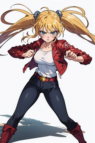 1 girl, blonde hair, two pigtails, blue eyes,red leather jacket, white t-shirt, jeans, black boots, solo, face,(masterpiece:1.4(bestquality:1.4),(extremely_beautiful_detailed_anime_face_and_eyes:1.4),an extremely delicate and beautiful,Watercolor, Ink, epic, angry, simple background, white_background, (pose visual novel:1.4),(character design:1.4),