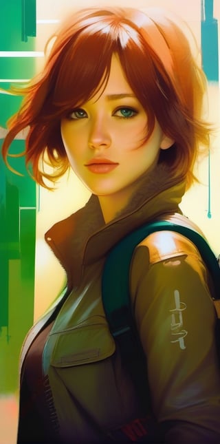 mdjrny-v4 style. Oil painting, heavy strokes, paint dripping. ((Jennifer Lawrence:1)), ((25 years old:1.4)).redhead, green eyes, ((brown leather jacket:1.4)),backpack on his back:1.4, ((armed with a knife:1.4)),((survivor, warrior, leader)), ((walking dead tv style:1.4)),Jeremy Mann, Carne Griffiths, Robert oxley. Rich deep colors. Cell Shaded layered image. Beautiful face, Perfect anatomy, perfect eyes, detailed eyes, golden ratio, award-winning, professional, highly detailed, centered, symmetry, painted, intricate, volumetric lighting, beautiful, masterpiece, sharp focus, depth of field, perfect composition, award-winning, high resolution 8K, trending in pixiv, artstation,  , acrylic painting, trending on pixiv fanbox, palette knife and brush strokes, style of makoto shinkai jamie wyeth james gilleard edward hopper greg rutkowski studio ghibli genshin impact