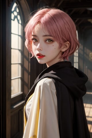 1girl, short pink hair,(mole next to lip:1),(eyebrow scar:1),(hufflepuff House Cloak),( inner cloak yellow:1), (outer cloack black:1),yellow eyes, looking at viewer, solo, upper body,(masterpiece:1.4),(best quality:1.4),red lips,parted lips, hogwarts castle:1,dramatic shadows,extremely_beautiful_detailed_anime_face_and_eyes,an extremely delicate and beautiful,dynamic angle, cinematic camera, dynamic pose,depth of field,chromatic aberration,backlighting,