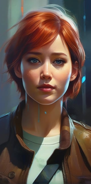 mdjrny-v4 style. Oil painting, heavy strokes, paint dripping. ((Jennifer Lawrence:1)), ((25 years old:1.4)).redhead, green eyes, ((brown leather jacket:1.4)),backpack on his back:1.4, ((armed with a knife:1.4)),((survivor, warrior, leader)), ((walking dead tv style:1.4)),Jeremy Mann, Carne Griffiths, Robert oxley. Rich deep colors. Cell Shaded layered image. Beautiful face, Perfect anatomy, perfect eyes, detailed eyes, golden ratio, award-winning, professional, highly detailed, centered, symmetry, painted, intricate, volumetric lighting, beautiful, masterpiece, sharp focus, depth of field, perfect composition, award-winning, high resolution 8K, trending in pixiv, artstation,  , acrylic painting, trending on pixiv fanbox, palette knife and brush strokes, style of makoto shinkai jamie wyeth james gilleard edward hopper greg rutkowski studio ghibli genshin impact