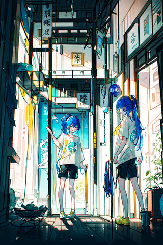 (masterpiece:1.4), (best qualit:1.4), (high resolution:1.4), ogino chihiro, ponytail, long arm shirt, shorts, yellow shoes, indoors, east asian architecture, smile, ;D ,colorful, high contrast, cinematic light, glass in background 
