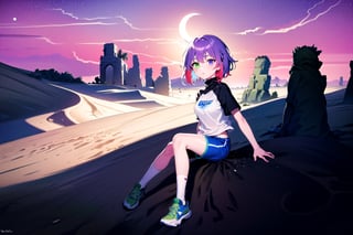 best quality,(1girl, solo,fullbody), (multicolored hair,red hair,blue hair,purple hair in the middle), 
(heterochromia, green eyes, blue eyes),(sports shorts,long white socks,sneakers),(sand_storm),
sitting in the sand, viewing from back,wather particles in the air, red sky,
(in a desert,dense fog,sand_dunes,farol,oasis,
twilight,ruins,dunes,sand,purple ,grabbing the sand,moon,green_fog,suspense,)
no_humans,scenery,no_humans