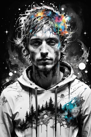 Tennisman male, Make it magical by carne griffiths fluid art, black and white, Metal, colorful, chromepunk, dreampunk, Background starry night sky, forest