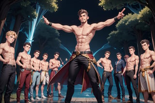 (shirtless,dynamic pose,   6+boys, :1.8) bulge, Generate an enthralling and ultra-detailed image of a handsome, virile, and muscular male character dressed as a mage, surrounded by other equally striking and beautiful men, using AI. Picture our mage, with his sculpted physique and mesmerizing gaze, clad in mage robes that accentuate his masculine features and accentuated by magical symbols, showcasing his mastery of the arcane arts.

As he stands with an air of confidence and allure, he is encircled by other breathtaking men, each with their unique charm and magnetism. The scene becomes a display of enchanting masculinity, where every man exudes power, strength, and charisma.

The setting remains a magical realm, but now, it is populated by a brotherhood of captivating male beings. Each man embodies his individual essence, complementing the mage's captivating presence.

In this fantastical realm, their interactions are filled with camaraderie, mutual admiration, and a shared sense of wonder and enchantment. Their bond is strong, reflecting a shared journey of self-discovery and magical prowess.

The background, an ethereal landscape, comes alive with vibrant colors and celestial beauty, enhancing the allure of this magical brotherhood. Nature itself seems to celebrate their presence, with trees swaying gently to the rhythm of their magic, and waterfalls cascading with a symphony of wonder.

The atmosphere exudes harmony, as this group of stunning men embraces the magical realm, united by their enchanting beauty and powerful presence.

In this AI-generated masterpiece, every detail is meticulously crafted, from the captivating expressions on each man's face to the intricate design of their mage robes. The image transports viewers to a realm where beauty and magic intertwine in a breathtaking celebration of masculinity and enchantment