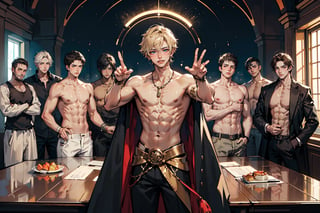 (shirtless,dynamic pose,   6+boys, :1.8) bulge, Generate an enthralling and ultra-detailed image of a handsome, virile, and muscular male character dressed as a mage, surrounded by other equally striking and beautiful men, using AI. Picture our mage, with his sculpted physique and mesmerizing gaze, clad in mage robes that accentuate his masculine features and accentuated by magical symbols, showcasing his mastery of the arcane arts.

As he stands with an air of confidence and allure, he is encircled by other breathtaking men, each with their unique charm and magnetism. The scene becomes a display of enchanting masculinity, where every man exudes power, strength, and charisma.

The setting remains a magical realm, but now, it is populated by a brotherhood of captivating male beings. Each man embodies his individual essence, complementing the mage's captivating presence.

In this fantastical realm, their interactions are filled with camaraderie, mutual admiration, and a shared sense of wonder and enchantment. Their bond is strong, reflecting a shared journey of self-discovery and magical prowess.

The background, an ethereal landscape, comes alive with vibrant colors and celestial beauty, enhancing the allure of this magical brotherhood. Nature itself seems to celebrate their presence, with trees swaying gently to the rhythm of their magic, and waterfalls cascading with a symphony of wonder.

The atmosphere exudes harmony, as this group of stunning men embraces the magical realm, united by their enchanting beauty and powerful presence.

In this AI-generated masterpiece, every detail is meticulously crafted, from the captivating expressions on each man's face to the intricate design of their mage robes. The image transports viewers to a realm where beauty and magic intertwine in a breathtaking celebration of masculinity and enchantment