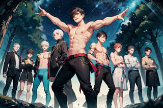 (shirtless, bulge,dynamic pose,   6+boys, :1.8) Generate an enthralling and ultra-detailed image of a handsome, virile, and muscular male character dressed as a mage, surrounded by other equally striking and beautiful men, using AI. Picture our mage, with his sculpted physique and mesmerizing gaze, clad in mage robes that accentuate his masculine features and accentuated by magical symbols, showcasing his mastery of the arcane arts.

As he stands with an air of confidence and allure, he is encircled by other breathtaking men, each with their unique charm and magnetism. The scene becomes a display of enchanting masculinity, where every man exudes power, strength, and charisma.

The setting remains a magical realm, but now, it is populated by a brotherhood of captivating male beings. Each man embodies his individual essence, complementing the mage's captivating presence.

In this fantastical realm, their interactions are filled with camaraderie, mutual admiration, and a shared sense of wonder and enchantment. Their bond is strong, reflecting a shared journey of self-discovery and magical prowess.

The background, an ethereal landscape, comes alive with vibrant colors and celestial beauty, enhancing the allure of this magical brotherhood. Nature itself seems to celebrate their presence, with trees swaying gently to the rhythm of their magic, and waterfalls cascading with a symphony of wonder.

The atmosphere exudes harmony, as this group of stunning men embraces the magical realm, united by their enchanting beauty and powerful presence.

In this AI-generated masterpiece, every detail is meticulously crafted, from the captivating expressions on each man's face to the intricate design of their mage robes. The image transports viewers to a realm where beauty and magic intertwine in a breathtaking celebration of masculinity and enchantment