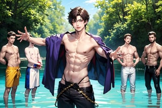 (shirtless,dynamic pose,   6+boys, :1.8) bulge, Generate an enthralling and ultra-detailed image of a handsome, virile, and muscular male character dressed as a mage, surrounded by other equally striking and beautiful men, using AI. Picture our mage, with his sculpted physique and mesmerizing gaze, clad in mage robes that accentuate his masculine features and accentuated by magical symbols, showcasing his mastery of the arcane arts.

As he stands with an air of confidence and allure, he is encircled by other breathtaking men, each with their unique charm and magnetism. The scene becomes a display of enchanting masculinity, where every man exudes power, strength, and charisma.

The setting remains a magical realm, but now, it is populated by a brotherhood of captivating male beings. Each man embodies his individual essence, complementing the mage's captivating presence.

In this fantastical realm, their interactions are filled with camaraderie, mutual admiration, and a shared sense of wonder and enchantment. Their bond is strong, reflecting a shared journey of self-discovery and magical prowess.

The background, an ethereal landscape, comes alive with vibrant colors and celestial beauty, enhancing the allure of this magical brotherhood. Nature itself seems to celebrate their presence, with trees swaying gently to the rhythm of their magic, and waterfalls cascading with a symphony of wonder.

The atmosphere exudes harmony, as this group of stunning men embraces the magical realm, united by their enchanting beauty and powerful presence.

In this AI-generated masterpiece, every detail is meticulously crafted, from the captivating expressions on each man's face to the intricate design of their mage robes. The image transports viewers to a realm where beauty and magic intertwine in a breathtaking celebration of masculinity and enchantment