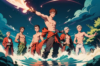 (shirtless,dynamic pose,   6+boys, :1.8) bulge, Generate an enthralling and ultra-detailed image of a handsome, virile, and muscular male character dressed as a mage, surrounded by other equally striking and beautiful men, using AI. Picture our mage, with his sculpted physique and mesmerizing gaze, clad in mage robes that accentuate his masculine features and accentuated by magical symbols, showcasing his mastery of the arcane arts.

As he stands with an air of confidence and allure, he is encircled by other breathtaking men, each with their unique charm and magnetism. The scene becomes a display of enchanting masculinity, where every man exudes power, strength, and charisma.

The setting remains a magical realm, but now, it is populated by a brotherhood of captivating male beings. Each man embodies his individual essence, complementing the mage's captivating presence.

In this fantastical realm, their interactions are filled with camaraderie, mutual admiration, and a shared sense of wonder and enchantment. Their bond is strong, reflecting a shared journey of self-discovery and magical prowess.

The background, an ethereal landscape, comes alive with vibrant colors and celestial beauty, enhancing the allure of this magical brotherhood. Nature itself seems to celebrate their presence, with trees swaying gently to the rhythm of their magic, and waterfalls cascading with a symphony of wonder.

The atmosphere exudes harmony, as this group of stunning men embraces the magical realm, united by their enchanting beauty and powerful presence.

In this AI-generated masterpiece, every detail is meticulously crafted, from the captivating expressions on each man's face to the intricate design of their mage robes. The image transports viewers to a realm where beauty and magic intertwine in a breathtaking celebration of masculinity and enchantment