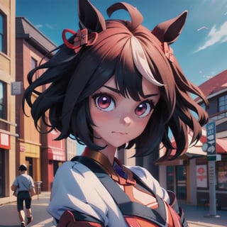 (best-quality:0.8), (best-quality:0.8), perfect anime illustration, extreme closeup portrait of a pretty woman walking through the city(umamusume\) 