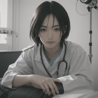 fullbody photo of man (favaloro:1) in the hospital like a medic, nervous, indoor, blurred background, (look at viewer:1.2) (skin texture), (high detailed face:1.3), close up, cinematic light, sidelighting, Fujiflim XT3, DSLR, 50mm, ,  