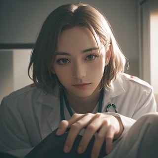 fullbody photo of man (favaloro:1) in the hospital like a medic, nervous, indoor, blurred background, (look at viewer:1.2) (skin texture), (high detailed face:1.3), close up, cinematic light, sidelighting, Fujiflim XT3, DSLR, 50mm, ,  