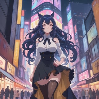 (Highest quality image: 0.8), (Highest quality image: 0.8), a perfect anime illustration, an extreme close-up portrait of a beautiful woman walking through the city (Umamusume). The anime style captures every detail of her face, from her expressive large eyes to her wavy and colorful hair. The woman is dressed in a modern and elegant outfit that reflects her confidence and personality. As she walks, the city lights reflect in her determined gaze. The background showcases illuminated skyscrapers and bustling streets, creating a vibrant urban atmosphere. Every stroke of the illustration is meticulous and full of life, capturing the essence of the scene with exceptional quality. This anime illustration transports you to the world of Umamusume, making you feel the energy and excitement of the city while falling in love with the beauty of this woman
