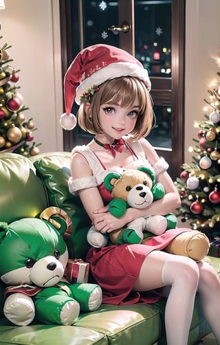 ((Baby face)), 1girl, blonde hair, (bob cut:1.5), wavy hair, (green eyes:1.1), (anime loli:1.6, cute face,
((sfw)), ((Christmas))
BERAK
,((red christmas dress, red christmas skirt, christmas hat)), (red  christmas stockings:1.5),
BREAK
,((sitting on the couch hugging her teddy bear)), looking_at_viewer, c:, white_teeth, happy_face, ((shiny eyes)), backgound of ((Christmas decorated living room)), ((large Christmas tree decorated with Christmas lights)),
BREAK
"a cute little girl ((sitting on the couch)) ((hugging her teddy bear)) ((smiling)) at her parents",cuteloli