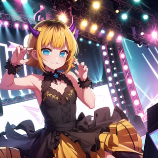 best quality,(1girl,solo),
(idol dress), (blue eyes, star in the eye,wink),
(in a stage),(idol pose)

:3,memcho,tiny horns