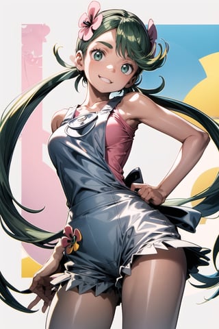 masterpiece, best quality, lora:mallow-nvwls, defmallow, twintails, hair flower, hair ornament, grey overalls, pink shirt, sleeveless, grey shorts, medium breasts, from above, smile, hands to hips, green sneakers, smile, from below, dark skin