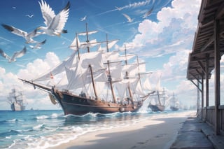 ((masterpiece, best quality, extremely detailed, )), anime,medieval coastal town, pier, sailing ships, caravels, sea coast, seagulls  {best quality}, {{hi res}}, ,FFIXBG