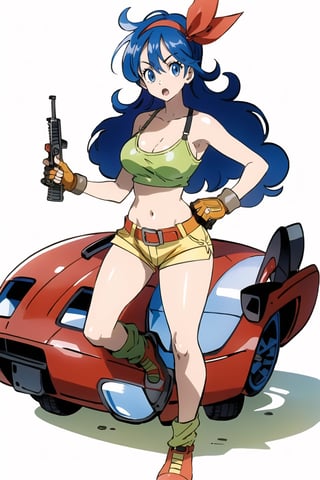 ((masterpiece, best quality, extremely detailed, )) {big milkers} (full body),  1girl, solo, breasts, lunchdb-good, blue hair, curly hair, breasts, big breasts, cleavage, blue eyes, red headband, shorts, yellow tank top, shy eyes, scared 0.5, shy face, open mouth, cleavage, long hair, looking at viewer, gloves, navel, fingerless gloves, blue eyes, abdomen, green crop top, headband, yellow shorts, belt, bare shoulders, collarbone, camisole, ribbon, shirt, red headband, stomach, red ribbon , holding an AK44, machine gun{{illustration}} {best quality}, {{hi res}}, {White background}