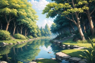 ((masterpiece, best quality, extremely detailed, )), anime, Lush Forest Pond, Free Background {best quality}, {{hi res}}, ,FFIXBG