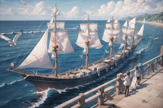 ((masterpiece, best quality, extremely detailed, )), anime,medieval coastal town, pier, sailing ships, caravels, sea coast, seagulls  {best quality}, {{hi res}}, ,FFIXBG