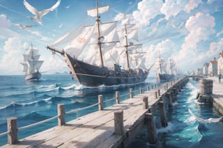 ((masterpiece, best quality, extremely detailed, )), anime,medieval coastal town, pier, sailing ships, caravels, sea coast, seagulls  {best quality}, {{hi res}}, ,FFIXBG