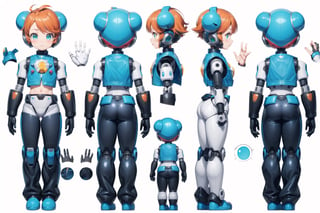 multiple views, model sheet, masterpiece, best quality, facing viewer, sugimori ken \(style\), {big milkers} (full body), 1 child, robot boy, robot boy, megaman {white background} green eyes, led screen eyes, short orange hair, turquoise body, mechanical joints, big white robot feet, robotic hands