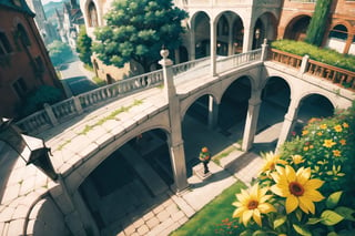 ((masterpiece, best quality, extremely detailed, )), anime, highly detailed, 8k, top quality, fantasy, hyperrealistic, best illustration, dynamic view, cinematic, ultra-detailed, full background, FFIXBG, full background, tree, arch, no humans, pavement, flower, bird, potted plant, bridge, road, building, chimney, stairs, fantasy, scenery, grass, from above, city, outdoors, window, plant, railing, beautiful,  {best quality}, {{hi res}}, ,FFIXBG