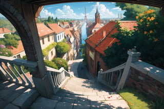 ((masterpiece, best quality, extremely detailed, )), anime, highly detailed, 8k, top quality, fantasy, hyperrealistic, best illustration, dynamic view, cinematic, ultra-detailed, full background, FFIXBG, full background, tree, arch, no humans, pavement, flower, bird, potted plant, bridge, road, building, chimney, stairs, fantasy, scenery, grass, from above, city, outdoors, window, plant, railing, beautiful,  {best quality}, {{hi res}}, ,FFIXBG