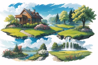 multiple views, Model sheet, masterpiece, best quality, looking at viewer, Ken Sugimori  \(style\),  (full body),  {{{river, lake, river bank, stones, water, small waterfall, bushes, grass, bush, flowers, sky ,clouds }}}, {White background}  SMAce, masterpiece, best quality, , masterpiece, {{illustration}}, {best quality}, {{hi res}}, ,Kanna Kamui 