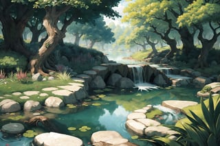 ((masterpiece, best quality, extremely detailed, )), anime, Lush Forest Pond, Background {best quality}, {{hi res}}, ,FFIXBG