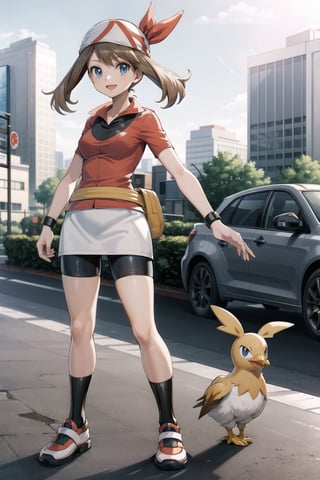 ((masterpiece, best quality, extremely detailed, )), masterpiece, best quality, looking at viewer, murata yuusuke Style\(style\), {big milkers} (full body), masterpiece, best quality, highres, 1girl, may (pokemon), red shirt, short sleeves, smile, red bandana, yellow fanny pack, white skirt, bike shorts under skirt.  torchic, chicken pokemon,aiue oka