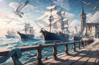 ((masterpiece, best quality, extremely detailed, )), anime,medieval coastal town, pier, sailing ships, caravels, sea coast, seagulls  {best quality}, {{hi res}}, ,FFIXBG