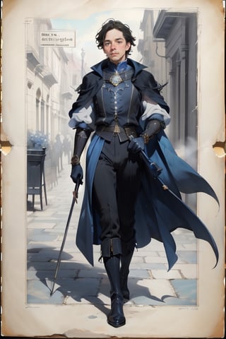 Monochrome, npzw text, Aged paper, Ornate edges, Romeo, Shakespeare, Elizabethan era, Doublet, Hose, Codpiece, Ruff collar, Velvet cloak, Renaissance, Italian style, Leather boots, Period costume.,Upturned nose,Freckles,Baroque,Npzw,Cyanotype, blue tones ,Blueprint 