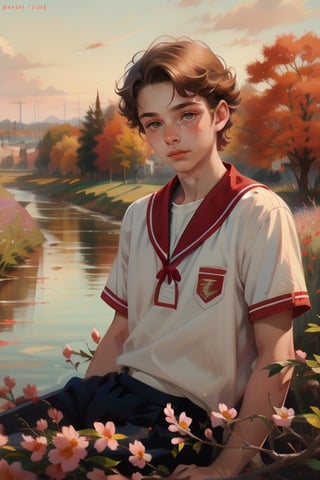On the outskirts of the city. In a field of flowers. A river runs through it. 

(close up:1.2), (Giovanni Strazza:0.5), 15yo boy. Sitting under a laurel tree. Watching the autumnal sunset. He wears a black and red sailor suit., Reddish-blonde short curly hair. Hazel eyes. Pinkest skin. Concave nose. Reddish Freckles.