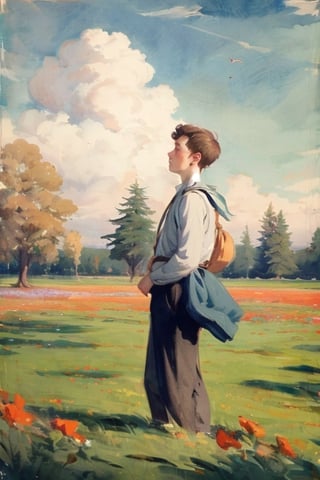 A young man with an angelic face and a serene gaze stands in an open field, surrounded by wildflowers. Her brown hair is combed in the gentle morning breezes as she gazes at the horizon with eyes full of dreams. The radiant sun illuminates his smooth skin and brightens the fabric of his rolled-up white shirt.  Around it, lush trees sway in the wind and white clouds sail across a deep blue sky. The atmosphere is calm and serene, only interrupted by the chirping of birds in the distance. The boy is standing, with his back to the viewer, looking out over the landscape.

Sunlight reflects off your hair and grass.

Soft, smooth skin
Slightly disheveled hair
Breathable fabric clothing 

Deep green for grass and trees
Sky blue for the sky
Bright yellow for the sun
Touches of red, orange and pink for the flowers 

Running ,Watercolor and pencil.