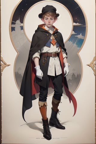Monochrome. 19yo French medieval  boy. tunic, cloak, leggings, boots, hat, belt, cloak, doublet, shirt, hood, gloves, sleeves, skirts, chainmail, Watercolor, Acquerello, art, Short Brown Hair. painting in shades of gray, pink, purple, pastel, and orange. Celestial and divine grace ,Freckles, Aged paper, Ornate edges, English Serif-script typography, Ornate edges, Npzw, full-body_, Random_Posture, 