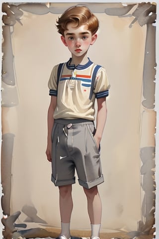 15yo guy. Striped short-sleeved shirt, grey fabric shorts and fabric espadrilles. 
Children's clothing. 
Vintage clothing. 
Provençal clothing. 