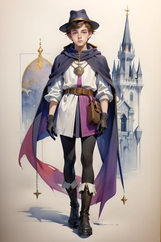 Monochrome. 19yo English medieval  boy. tunic, cloak, leggings, boots, hat, belt, cloak, doublet, shirt, hood, gloves, sleeves, skirts, chainmail, Watercolor, Acquerello, art, Short Brown Hair. painting in shades of gray, pink, purple, pastel, and orange. Celestial and divine grace ,Freckles, Aged paper, Ornate edges, English Serif-script typography, Ornate edges, Npzw, full-body_, Random_Posture, 