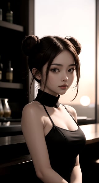 frontal view, facing the viewer, (looking at viewer:1.2), centered, upper body, photography of a 22yo woman, masterpiece, | (beautiful detailed eyes:1.2), (double bun hairstyle), dark brown hair color, (dark brown eyes), (short tight dress), | sunset, bokeh, depth of field, | bar, indoors, tavern, | SF5 CHUN, SF6 CHUN,