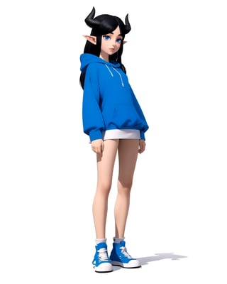 centered, upper body, masterpiece, 3d, unreal engine, 3d model, standing, | 1girl, black long hoodie, barelegs, converse shoes, black hair color, long hairstyle, white horns in her head, | (white blue background, simple background:1.2), | n64style, ocarinaoftime, majorasmask, | 