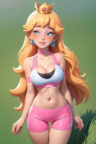 (sabucartoon:1.3), best quality, masterpiece, detailed background, highly detailed, intricate, detailed face, long eyelashes, detailed eyes, (standing:1.1), (thick thighs:1.0), (large breasts:1.1), (grassy fields:1.3), (one girl:1.2), (1girl:1.1), (solo:1.4), (princess peach:1.1), (light blue eyes:1.2), (blonde hair:1.1), (long hair, messy hair:1.2), (thick lips:1.3), (crown, blue earrings:1.2), (pink choker:1.1), (pale skin:1.0), (pink crop top, pink sport shorts:1.3), (thigh gap:1.4), (stomach, navel), (cleavage:1.3), (sweat:1.2) (groin:1.3), (light smile, blush, nose blush:1.1), (half-closed eyes:1.2),3DMM,